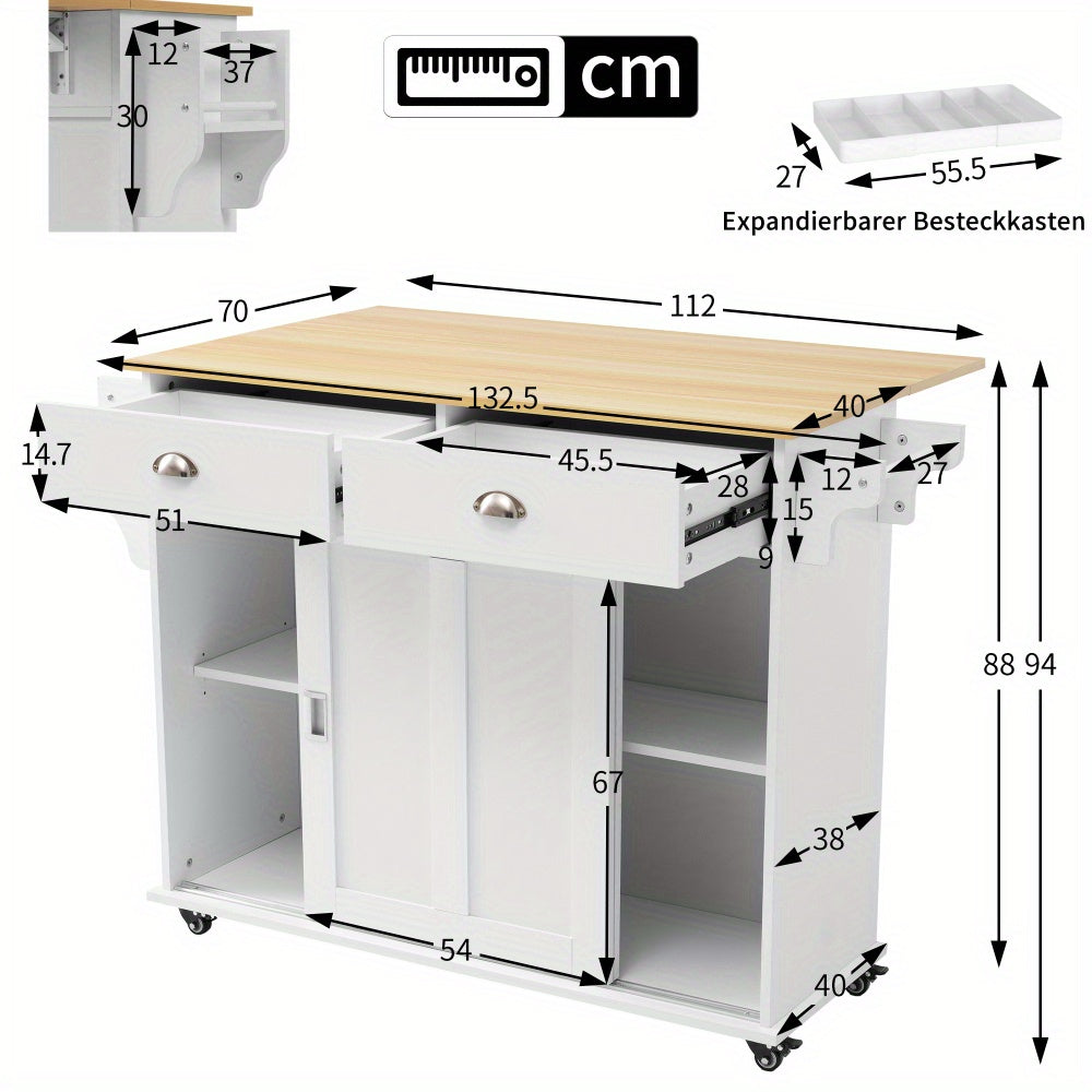 Keukenwagen – Keukentrolley – Serveerwagen – Bijzettafel – Opbergmeubel – Wit – Inklapbaar Werkblad – Zwenkwieltjes Met Houtlook Blad