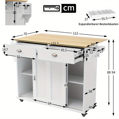 Keukenwagen – Keukentrolley – Serveerwagen – Bijzettafel – Opbergmeubel – Wit – Inklapbaar Werkblad – Zwenkwieltjes Met Houtlook Blad