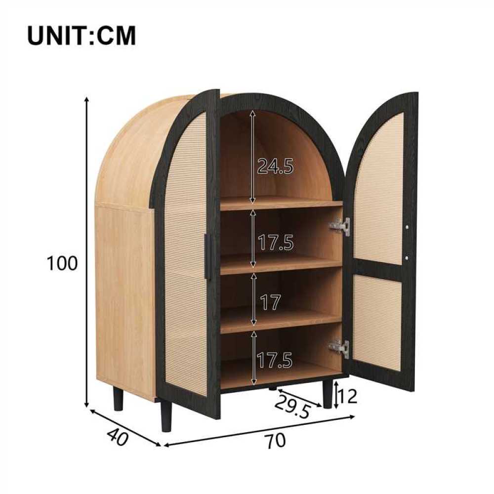 Modern Metal Shoe Cabinet with Wicker Doors - Freestanding Shoe Storage Unit, Curved Edges & 3 Shelves, Space-Saving Vertical/Horizontal Suitable for Entryway, Hallway, Small Apartments - Assembly Required
