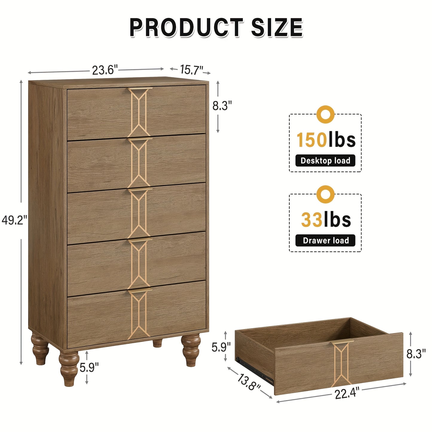 Tall 5-Drawer Dresser - Modern Farmhouse & Traditional Decor - Sturdy Hardwood Construction - Deep Drawers for Bedroom, Living Room, Entryway - Spacious Storage Chest of Drawers - Easy Assembly Required, Bedroom Storage, Soph