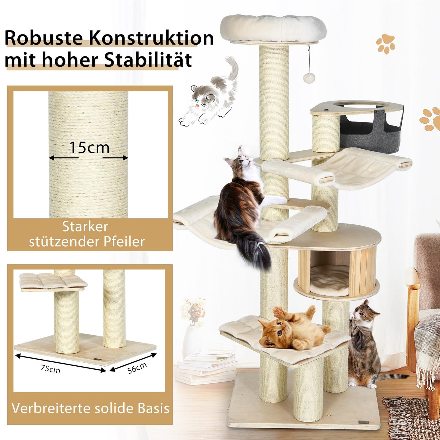 Krabpaal – Kattenkrabpaal – Kattenboom – Kattenhuis – Krabmeubel – 7 Niveaus – 197 cm Hoog – Inclusief Hangmat, Grot en Speelballen – Beige – Massief Hout & Sisal Bekleding