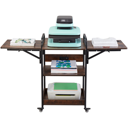 Heat Press Tafel – Werktafel – Werkbank – Opbergtafel – Mobiele Tafel – Inklapbare Zijpanelen – Geïntegreerd Oplaadstation