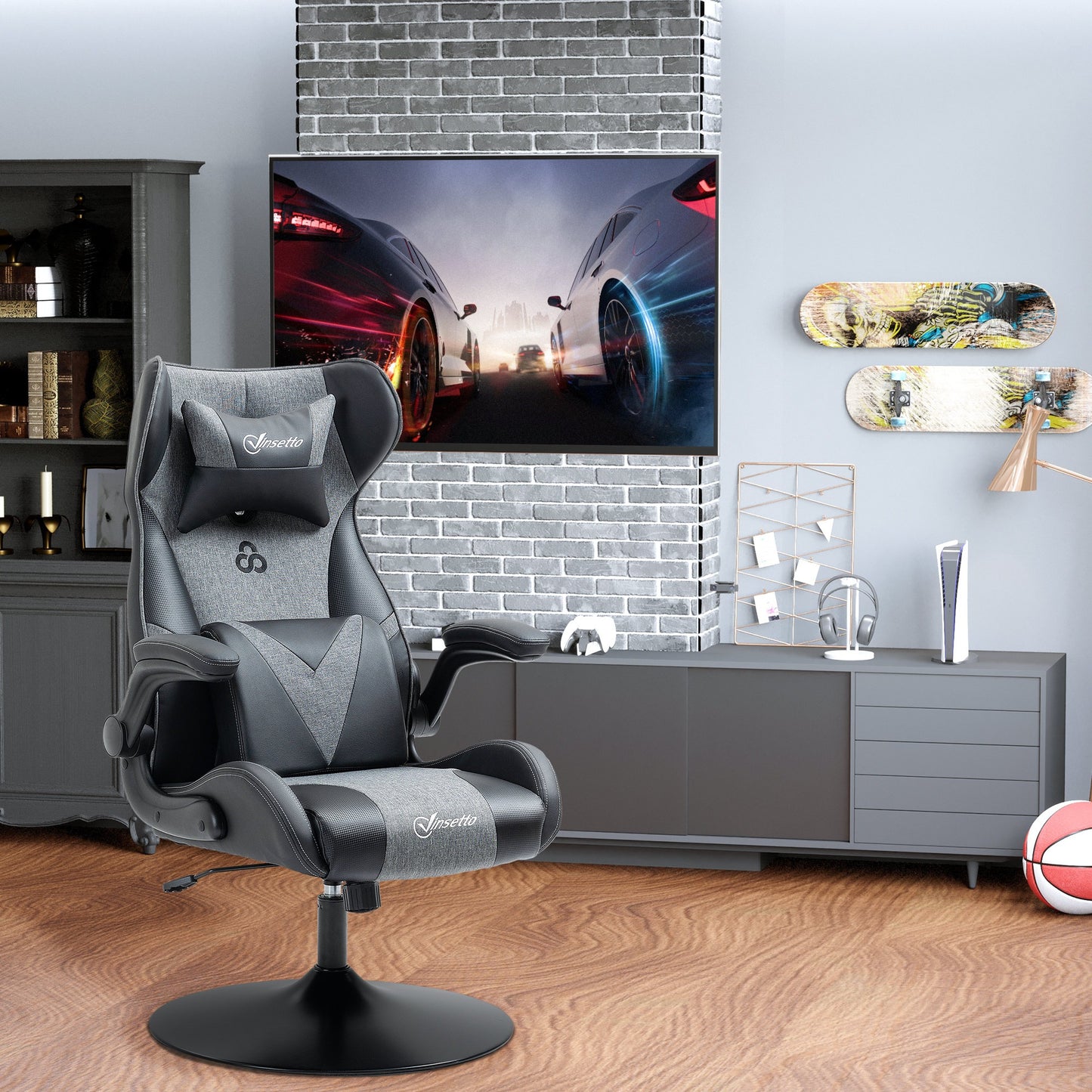 Gamingstoel – Bureaustoel – Gamestoel – Computerstoel – Stoel Voor Gamers – Verstelbare Zithoogte – Ergonomische Lenden- en Neksteun – PU Leer – Zwart/Grijs