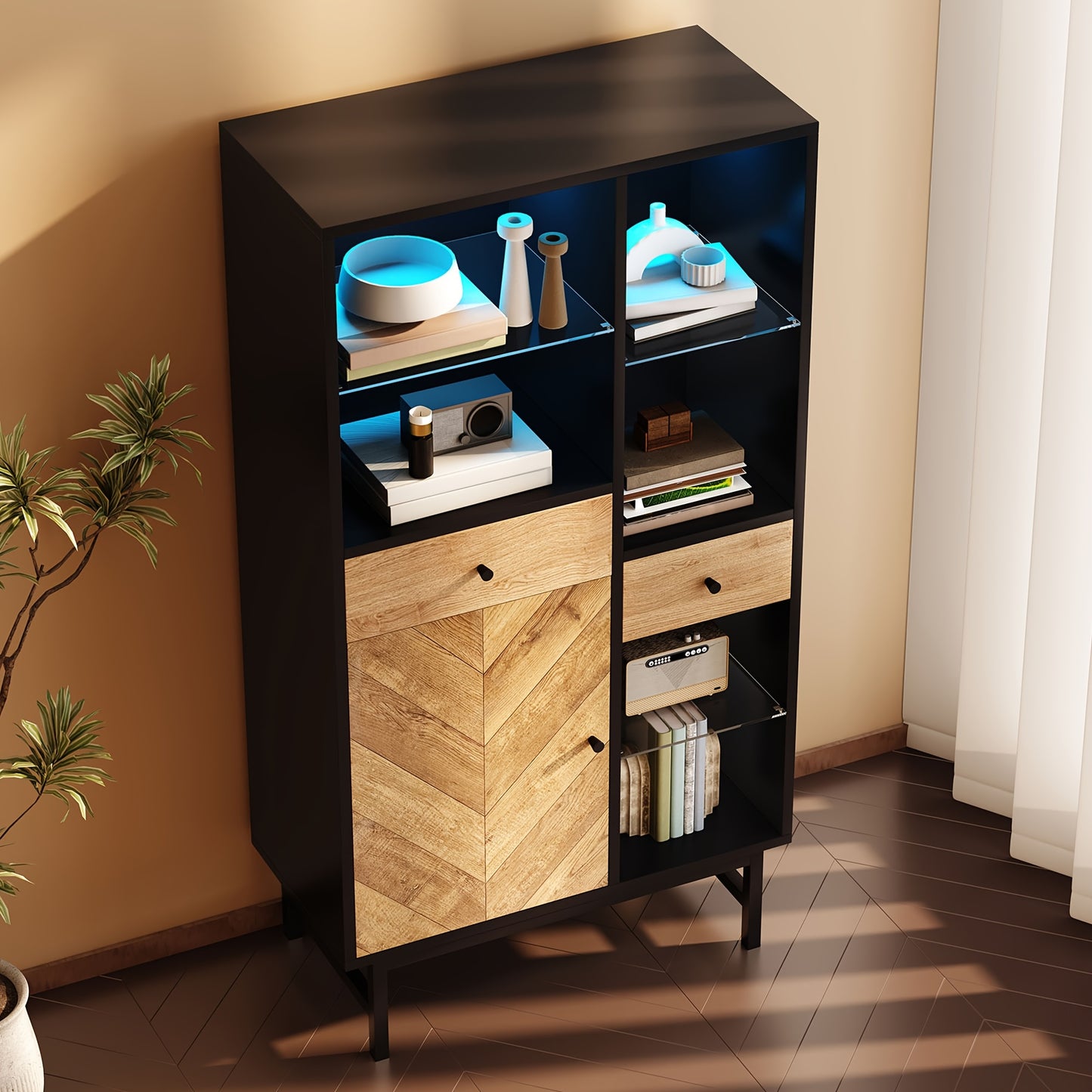Vitrinekast – Displaykast – Opbergkast – Servieskast – Dressoir – Hout Zwart + Houtkleur – Ruime Opbergruimte – Modern Triangulair Design