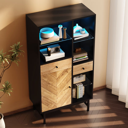 Vitrinekast – Displaykast – Opbergkast – Servieskast – Dressoir – Hout Zwart + Houtkleur – Ruime Opbergruimte – Modern Triangulair Design