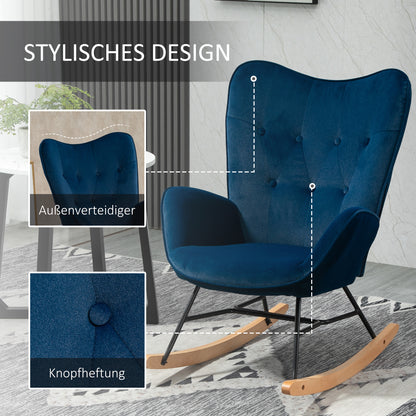 Schommelstoel – Wiegstoel – Relaxstoel – Lounge Stoel – Zitstoel – Velvet Bekleding – Houten Frame – Draaggewicht 150 Kg – Diepblauw Design