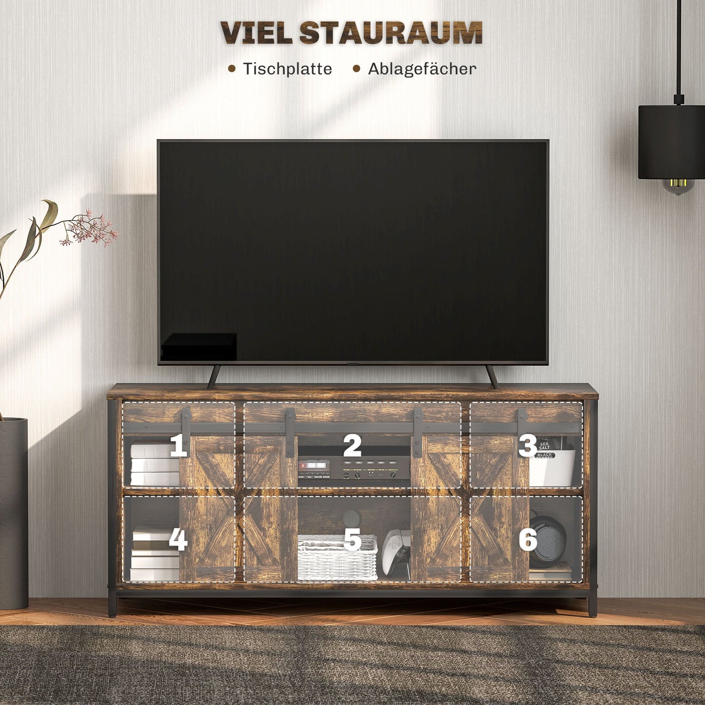 Tv meubel – TV-kast – TV-meubel – Lowboard – Media meubel – Industrieel design – Geschikt tot 60 inch – 6 opbergvakken met 2 schuifdeuren