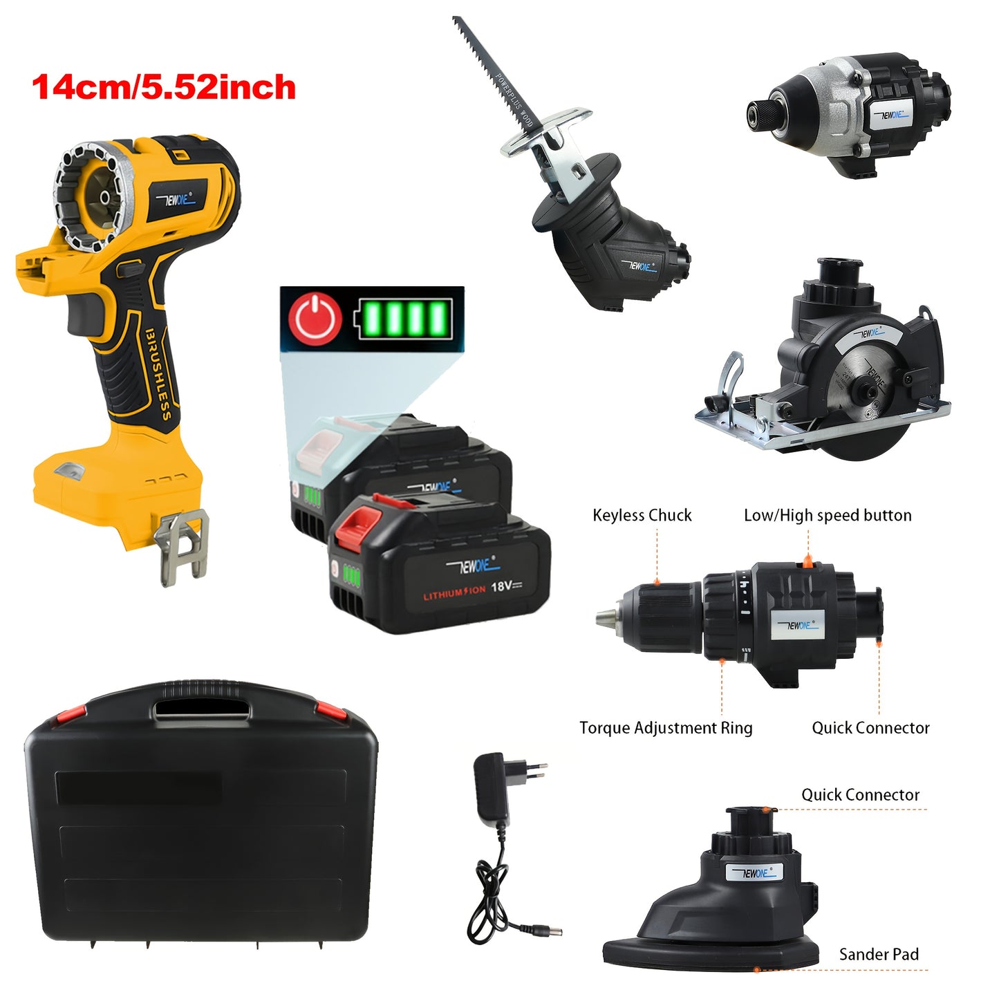 Accuboormachine – Schroefboormachine – Klopboormachine – Boormachine – Boor-/schroefmachine – 5-in-1 Multifunctionele Set – 18V Brushless Motor met 2x 4000mAh Accu en Draagbare Koffer