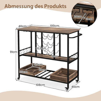 Barwagen – Serveerwagen – Drinkwagen – Wijnkar – Trolley – Industrieel Vintage Bruin – 3-laags Met 8 Glazenhouders – 9 Fleshouders