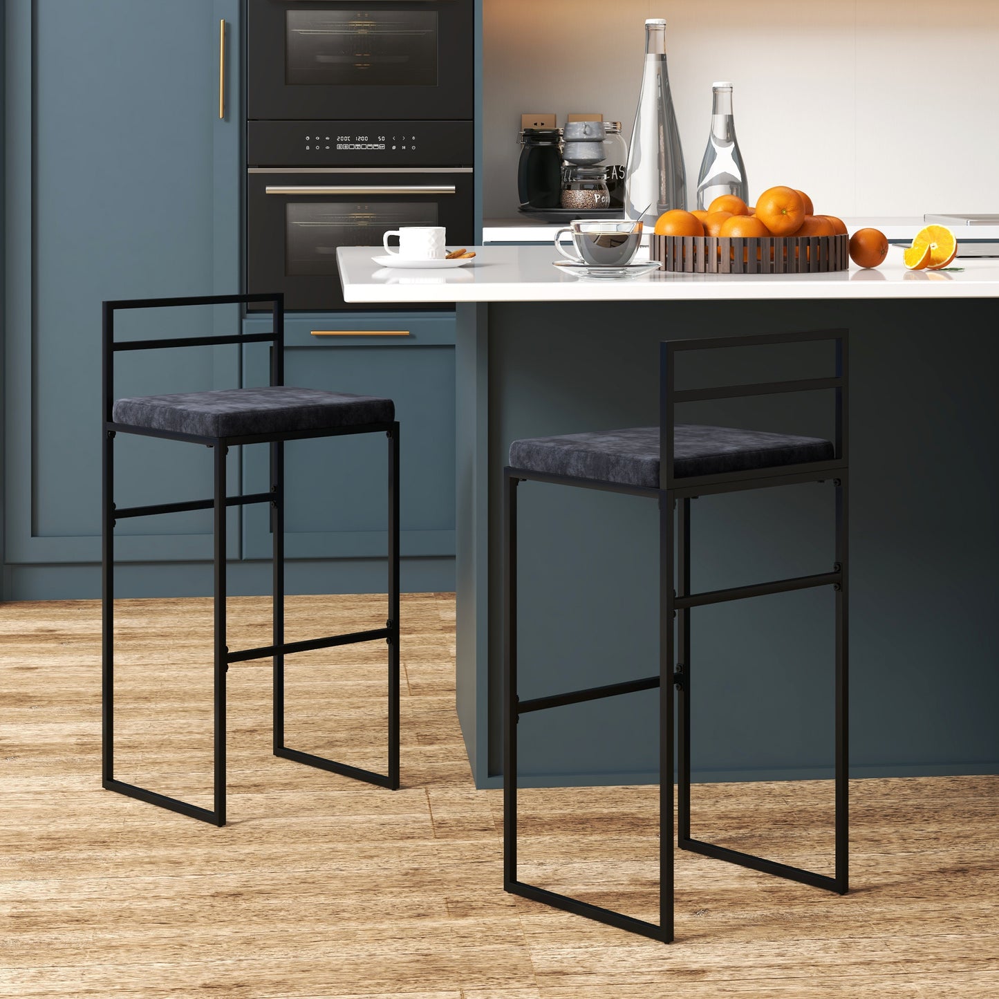 Barstoel – Barkruk – Hoge Stoel – Keukenstoel – Barstoel Set – Zwarte Velvet Zitting – Stalen Frame Met Voetsteun