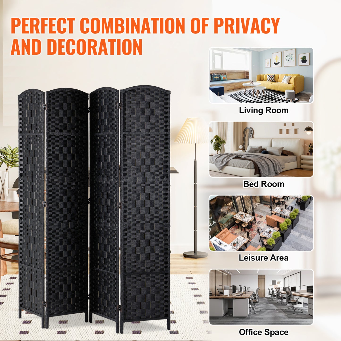 Kamerscherm – Room Divider – Scheidingswand – Paravent – Privacy Scherm – 4 Panelen – Handgeweven Rattan Papier – Paulownia Hout – 360° Draaibare Scharnieren – Zwart