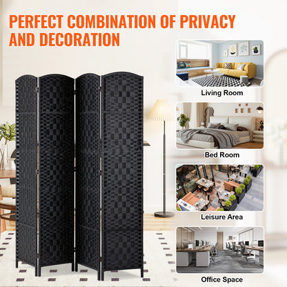 Kamerscherm – Room Divider – Scheidingswand – Paravent – Privacy Scherm – 4 Panelen – Handgeweven Rattan Papier – Paulownia Hout – 360° Draaibare Scharnieren – Zwart
