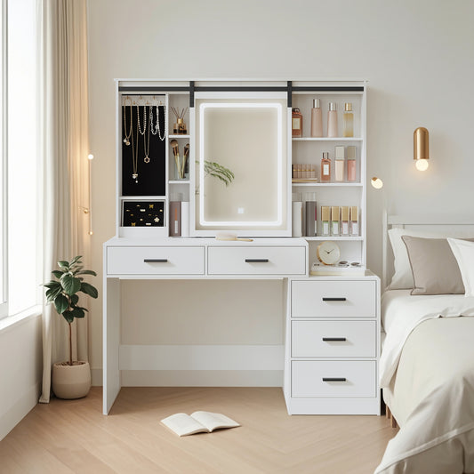 Jewelry Cabinet, Dressing Table with Adjustable LED Lights, Accessory Storage, Removable Large Mirror, with Jewellery Storage, Open Shelves, 5 Drawers, with Beside Table, for Bedroom, White, Jewelry Armoires, Mirror With Jewe - QUORE