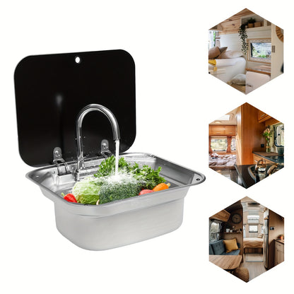 Wasbak – Spoelbak – Wastafel – Afwasbak – Roestvrij Stalen Camper Spoelbak – Compact Formaat – Temperglas Deksel