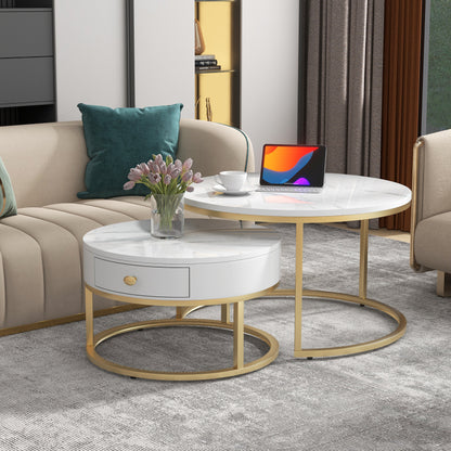 Salontafel – Koffietafel – Bijzettafel – Nachtkastje – Woonkamertafel – Hoogglans Marmerpatroon – Set van 2 Ronde Nesting Tafels 70x70 & 50x50 cm