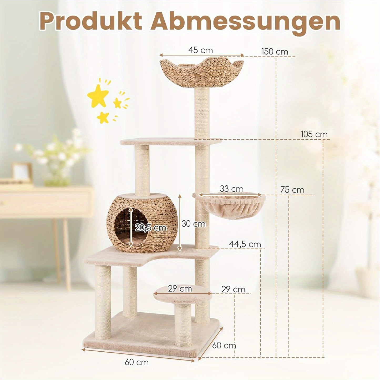 Krabpaal – Kattenboom – Krabmeubel – Kattentoren – Kattenhuis – 4 Niveaus Met Hol, Hangmat & Sisal Krabpalen – Natuurlijk Beukenhout 60x60x150 cm