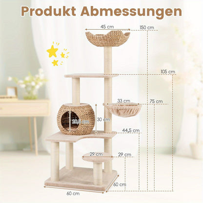 Krabpaal – Kattenboom – Krabmeubel – Kattentoren – Kattenhuis – 4 Niveaus Met Hol, Hangmat & Sisal Krabpalen – Natuurlijk Beukenhout 60x60x150 cm
