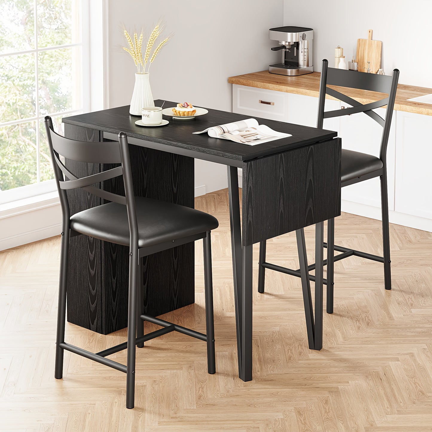 3pcs Two-Person Kitchen Dining Table Set with 2 Chairs & Extendable Counter-Height Bar Table - Space-Saving Modern Farmhouse Style, Dark Wood & Black Metal Construction, 3 Storage Shelves, Easy Assembly for Small Spaces, Apar