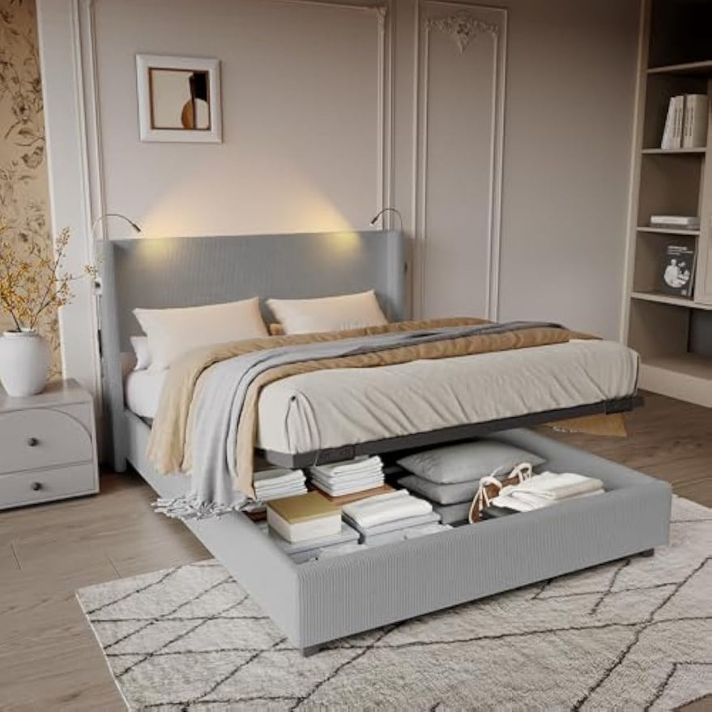 Tweepersoonsbed – Bedframe – Opbergbed – Slaapbed – Ribfluwelen Bed – Met Opbergruimte – Met Geïntegreerde Leeslamp – 140x200 cm – Grijs