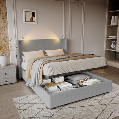 Tweepersoonsbed – Bedframe – Opbergbed – Slaapbed – Ribfluwelen Bed – Met Opbergruimte – Met Geïntegreerde Leeslamp – 140x200 cm – Grijs