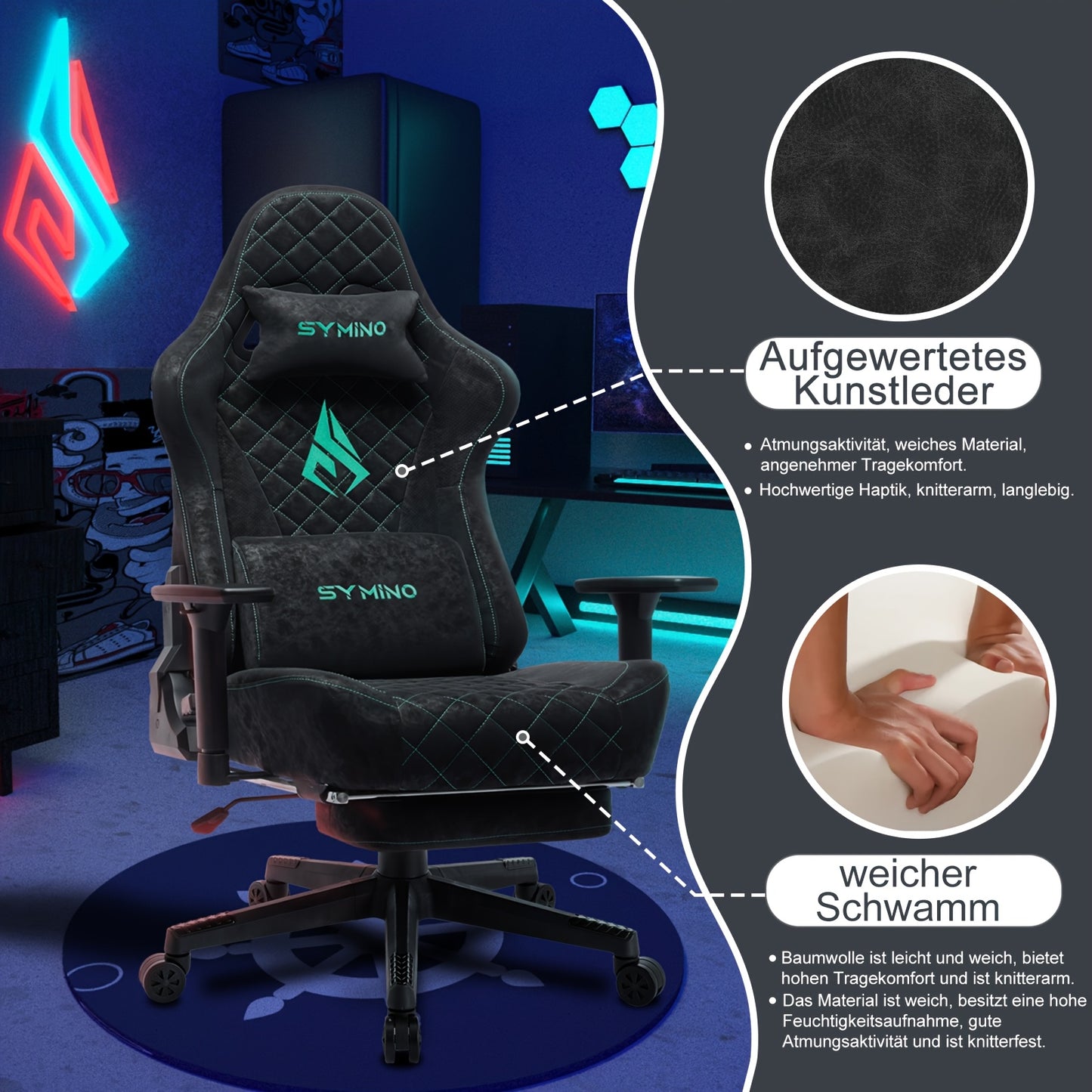 Gaming Stoel – Bureaustoel – Racestoel – PC Stoel – Werkstoel – Ergonomisch Design – Verstelbare Rugleuning en Voetensteun – Zwart met Blauwe Accenten