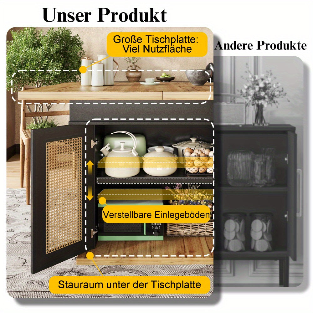 Uittrekbare Eettafel – Uitschuifbare Tafel – Uitklapbare Keukentafel – Multifunctionele Eettafel – Ruimtebesparende Tafel – Zwart Met PE Rotan Deuren – 110-140x80 cm – Geschikt Voor 4-6 Personen