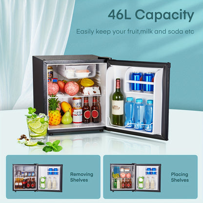 Mini Koelkast – Compact Koelkast – Tafelkoelkast – Koelbox – Kleine Koelkast – 46L Inhoud – Fluisterstil 42dB – Zwart Mat Roestvrij Staal – Omkeerbare Deur