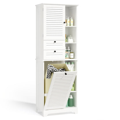 Modern Hoog Badkamerkast – Badkamermeubel – Opbergkast – Staande Kast – Opbergmeubel – Met Opvouwbare Waszak – 2 Deuren & 1 Lade – 6 Open Planken – Duurzaam Hout en Stof – Ruimtebesparend Design – Hoogte 68,58 cm
