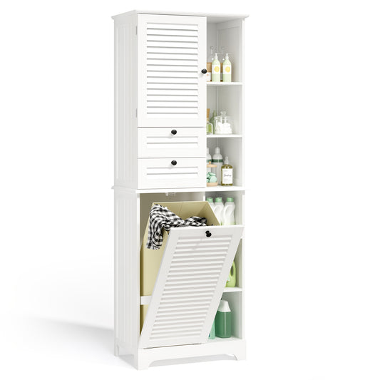Modern Hoog Badkamerkast – Badkamermeubel – Opbergkast – Staande Kast – Opbergmeubel – Met Opvouwbare Waszak – 2 Deuren & 1 Lade – 6 Open Planken – Duurzaam Hout en Stof – Ruimtebesparend Design – Hoogte 68,58 cm
