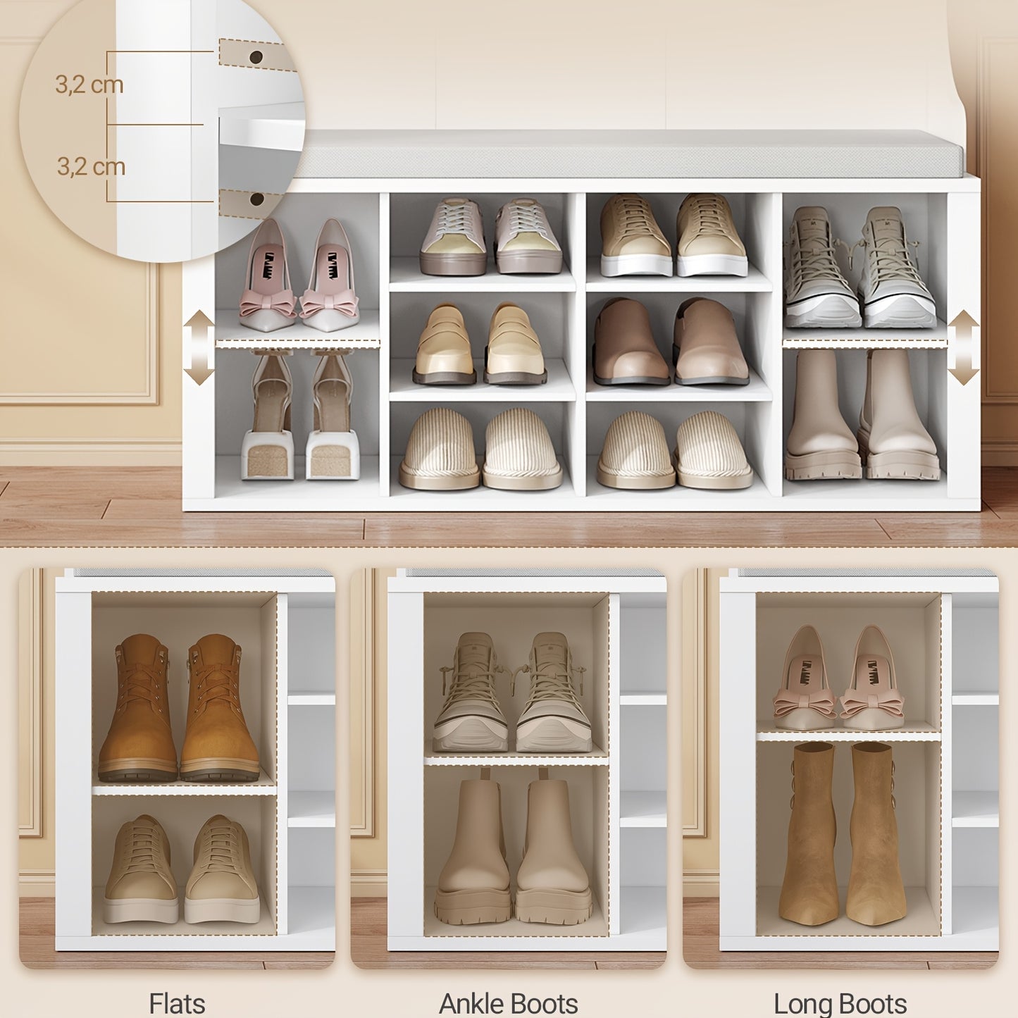 Kapstok – Schoenenrek – Garderobekast – Wandkapstok – Halmeubel – Wit – 5-in-1 Multifunctioneel Design – Verstelbare Planken