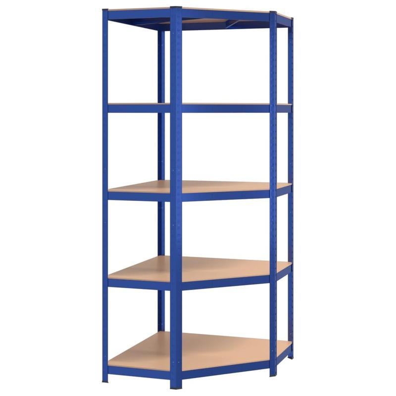 Hoekrek – Opbergrek – Hoekplank – Boekenkast – Opbergkast – 5-laags – Blauw Staal en Engineered Wood