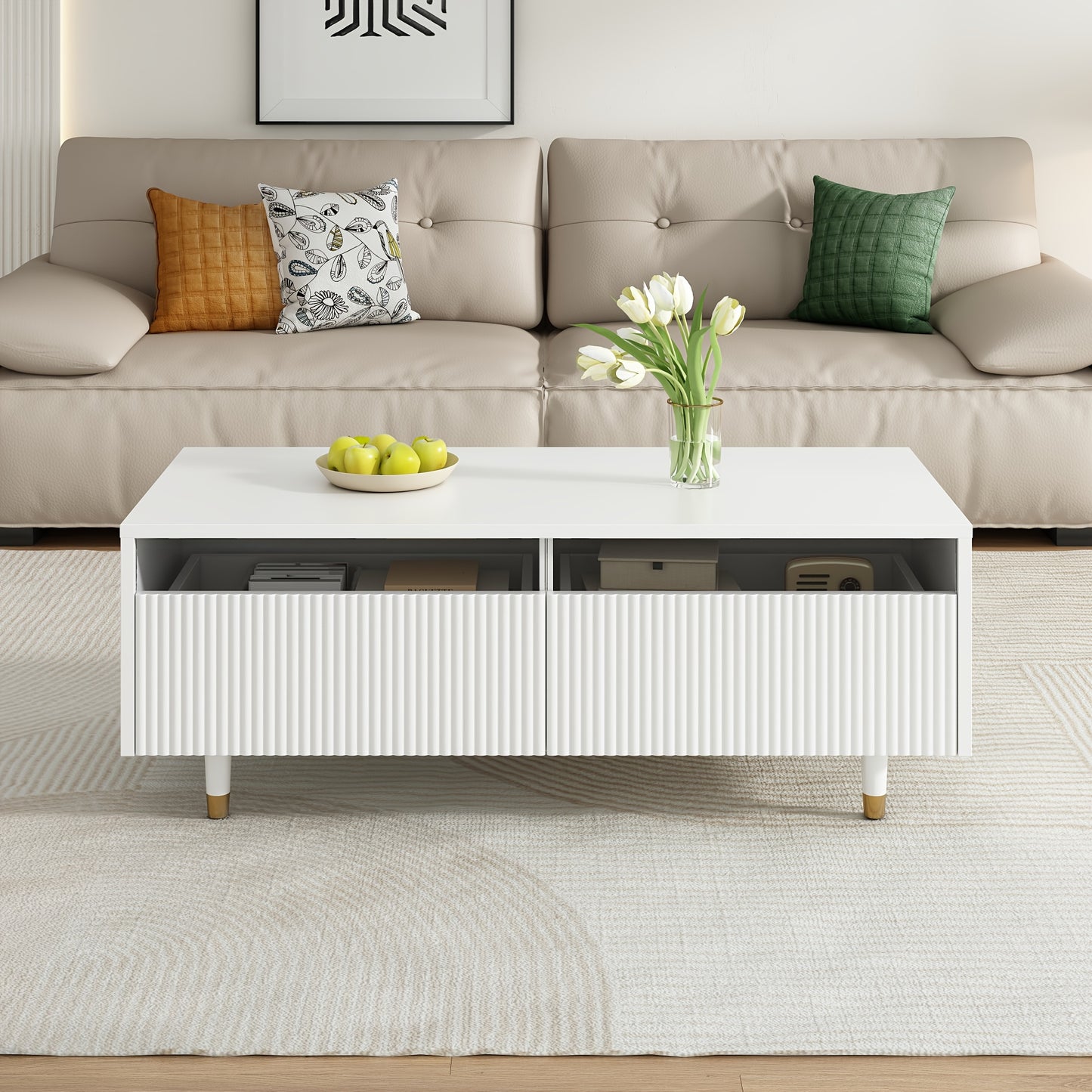 Salontafel – Koffietafel – Woonkamertafel – Tafeltje – Opbergtafel – Modern Wit – Golvend Ladeoppervlak – Ruime Opbergladen – Compact Formaat