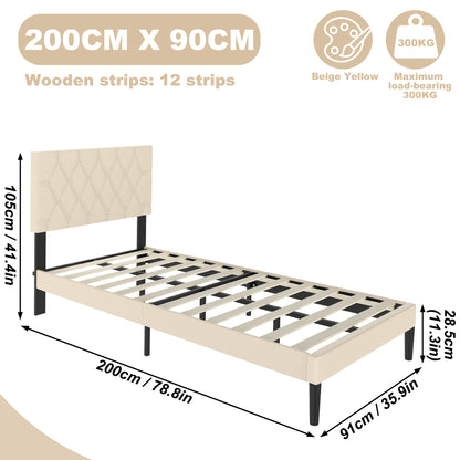 Modern Upholstered Bed: 90/140/160x200 cm with Soft Fabric, Sleek Minimalist Style, and 300kg Load Capacity in Black/Beige Leather style
