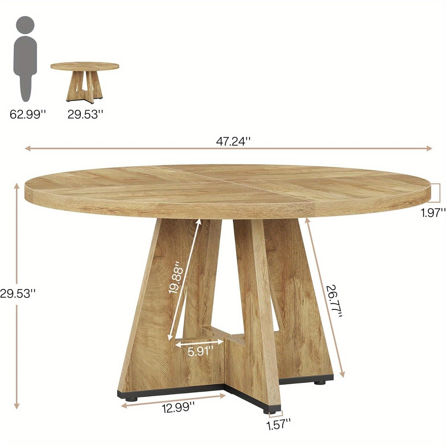 47 Inch Ronde Eettafel – Ronde Tafel – Keukentafel – Eetkamertafel – Tafeltje – Licht Hout – Stevige Pedestal Basis – Ruimtebesparend Ontwerp