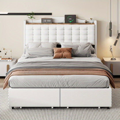 Tweepersoonsbed – Gestoffeerd Bed – Opbergbed – Slaapbed – Bedframe – 140x200 cm – Linnen Bekleding Beige – Inclusief Nachtkastje Met Laadfunctie