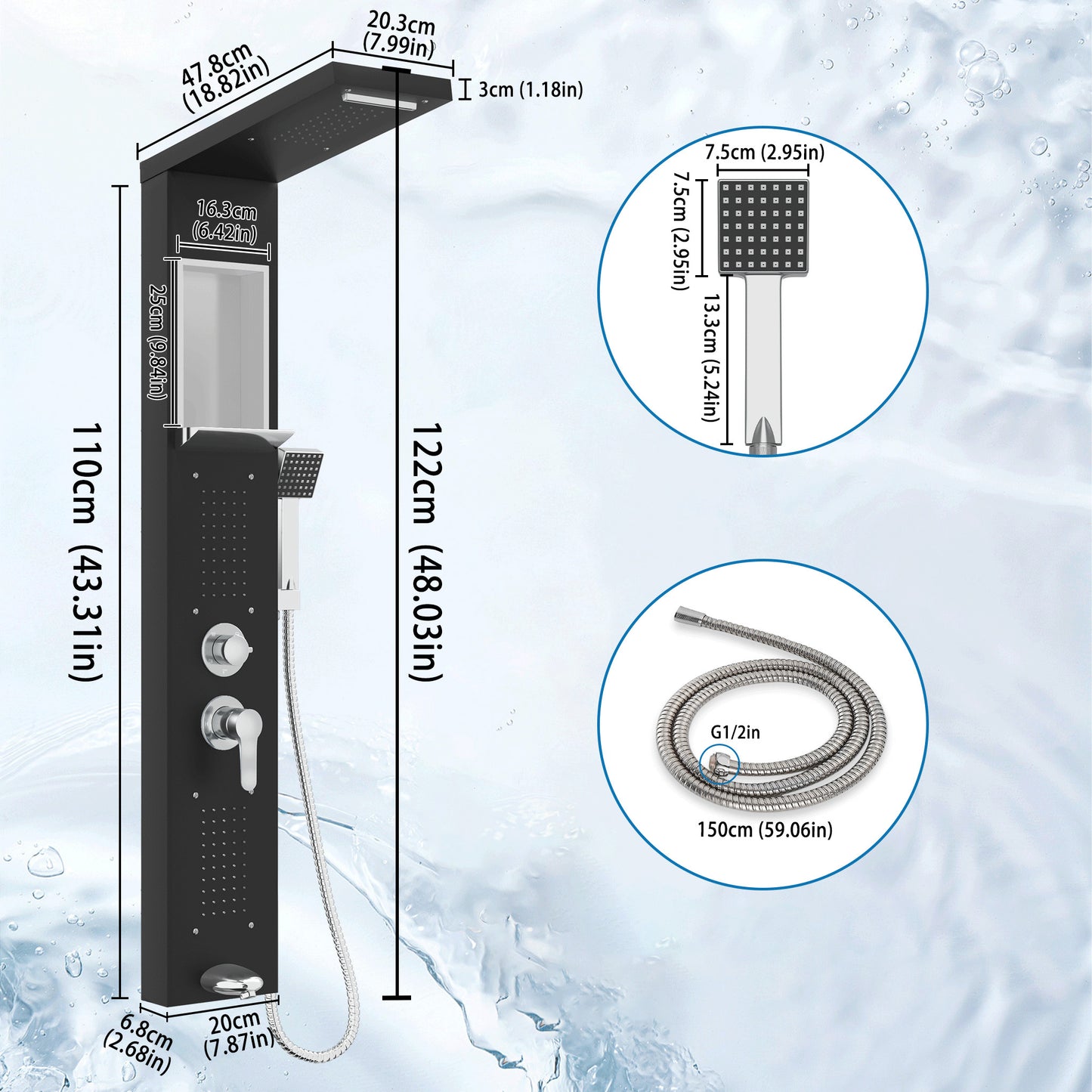 Douchepaneel – Douchepaneel Met Handdouche – Massage Douchepaneel – Regendouchepaneel – Waterval Douchepaneel – 5-in-1 Multifunctioneel Douchepaneel – Roestvrijstaal 304 – Ingebouwde Opbergruimte