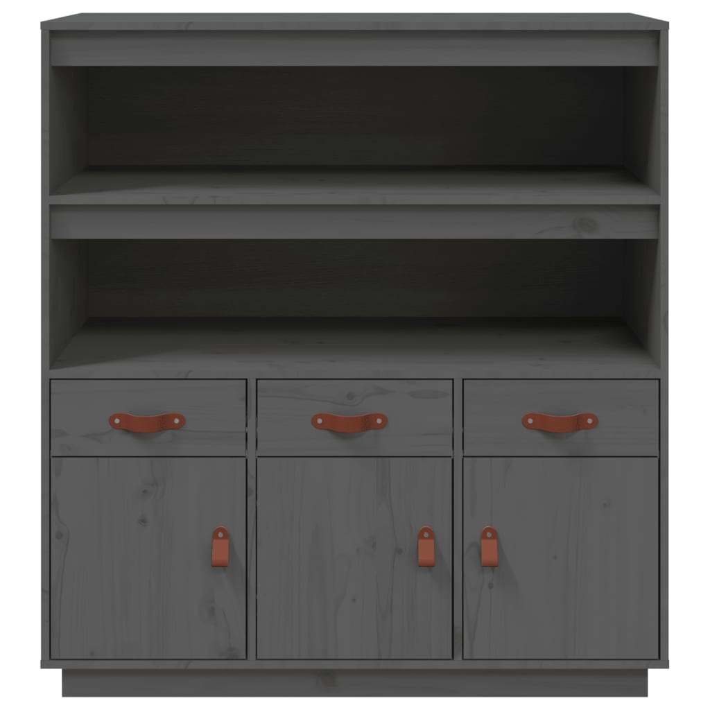 Hoogkast – Opbergkast – Dressoir – Kledingkast – Vitrinekast – Massief Dennenhout – 3 Deuren & 3 Laden – Grijs Afgelakt