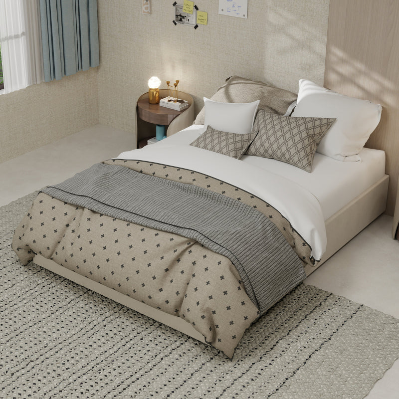 Bedframe – Bedombouw – Slaapbank – Platformbed – Ledikant – Modern Minimalistisch – Beige Velvet Bekleding – Gaslift Opbergruimte