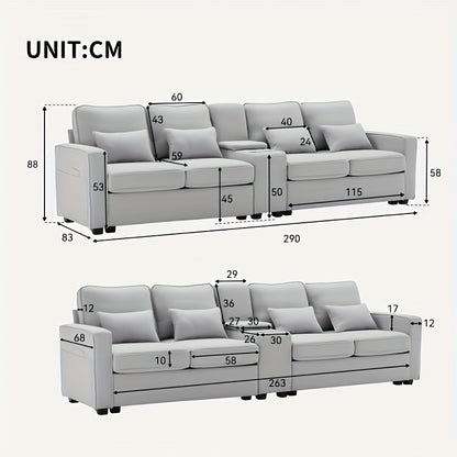 Bankstel – Zithoekbank – Hoekbank – Slaapbank – 4-zitsbank – Grijze Stof – Opbergruimte met Bekerhouders – Comfortabele Zitting