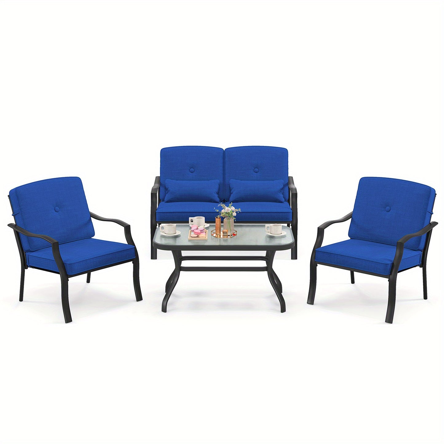 Tuinmeubelset – Tuinset – Loungeset – Buitenmeubels – Terrasmeubels – Metalen Frame – Veiligheidsglas Tafel – Blauwe Kussens – 4-delige Set