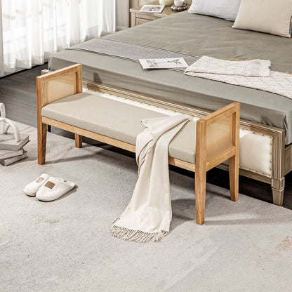 Woonkamerbank – Zitbank – Slaapbank – Bankje – Halbank – Rattan Armleuningen – Stevig Houten Frame – Comfortabele Linnen-look Bekleding – 120 cm Lang
