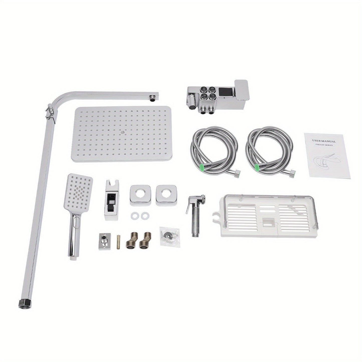 TOOL1SHOOO Modern Stainless Steel Shower System, 4 Water Outlets, Rainfall Showerhead, Handheld Sprayer, Height-Adjustable Shelf, Suitable for Bathrooms, Spas, Hotels