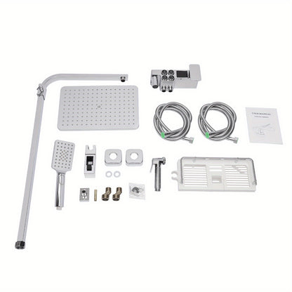 TOOL1SHOOO Modern Stainless Steel Shower System, 4 Water Outlets, Rainfall Showerhead, Handheld Sprayer, Height-Adjustable Shelf, Suitable for Bathrooms, Spas, Hotels