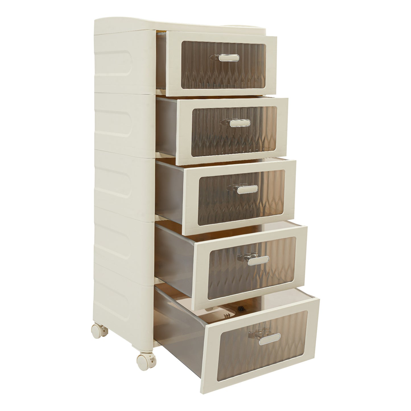 Opbergkast – Ladeblok – Opbergkastje – Kast Met Laden – Organiser – 5 Laden – Wit Met Transparante Panelen – Duurzaam ABS+PP Kunststof – 4 Wielen Met Rem – Compact Verticaal Design – Makkelijk Verplaatsbaar