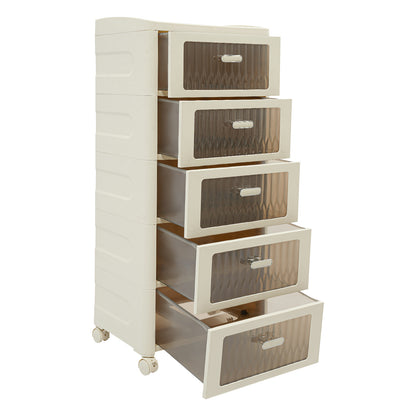Opbergkast – Ladeblok – Opbergkastje – Kast Met Laden – Organiser – 5 Laden – Wit Met Transparante Panelen – Duurzaam ABS+PP Kunststof – 4 Wielen Met Rem – Compact Verticaal Design – Makkelijk Verplaatsbaar