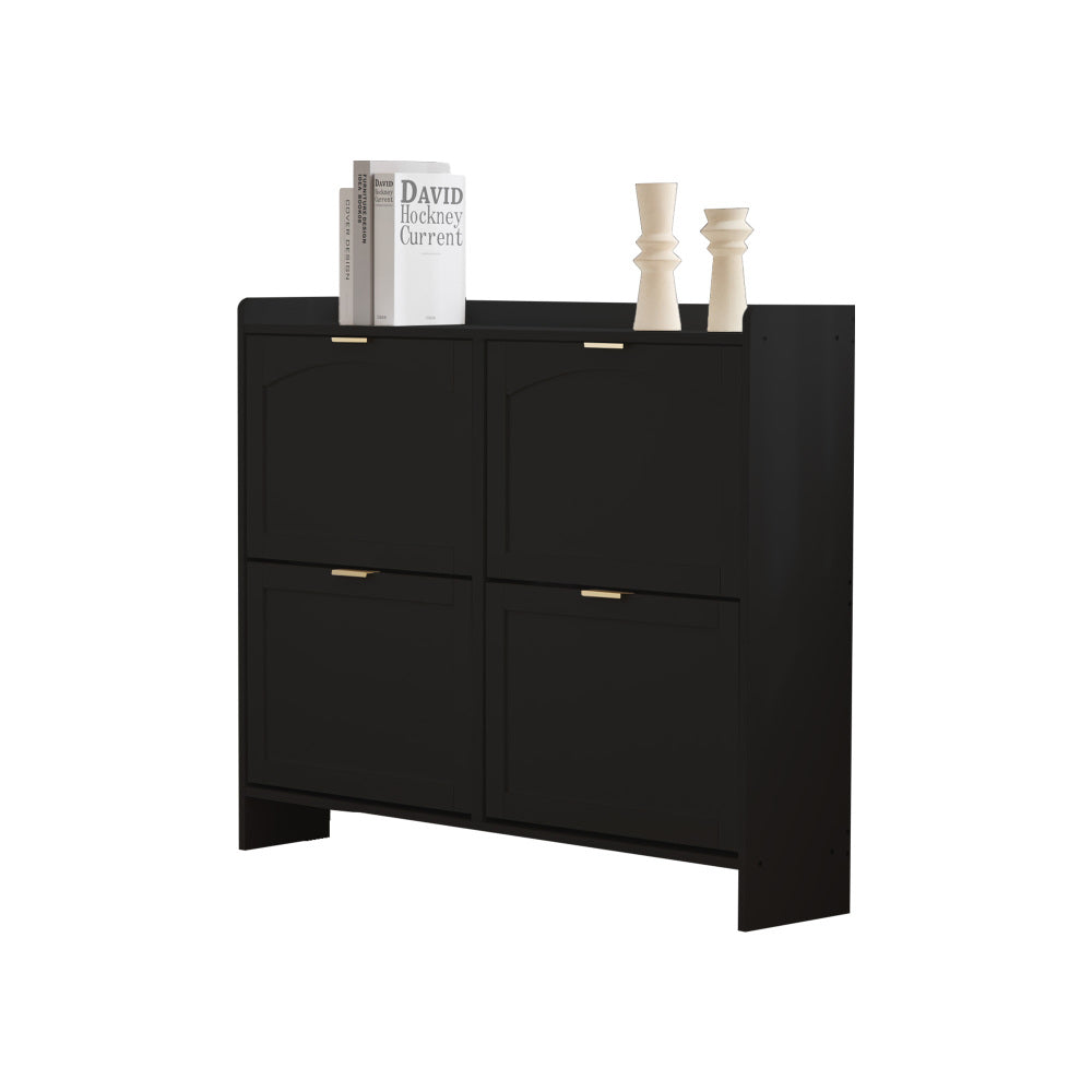 Modern Metal Shoe Cabinet with 4 Flip-Top Doors & Open Shelves - Freestanding Shoe Storage Organizer with Space-Saving Design, Sturdy Construction for Entryway, Hallway, Living Room - Black Shoe Rack with Hidden Storage Compa