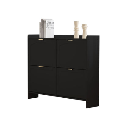 Modern Metal Shoe Cabinet with 4 Flip-Top Doors & Open Shelves - Freestanding Shoe Storage Organizer with Space-Saving Design, Sturdy Construction for Entryway, Hallway, Living Room - Black Shoe Rack with Hidden Storage Compa