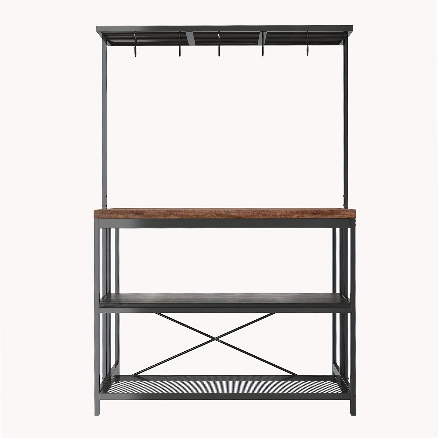 Bakers Rack – Keukenrek – Magnetronstandaard – Opbergrek – Koffiebar – Robuust Metaal – 106 cm Breed – 3-laags Met 5 Haken – Mobiel Met Wieltjes - Bruin