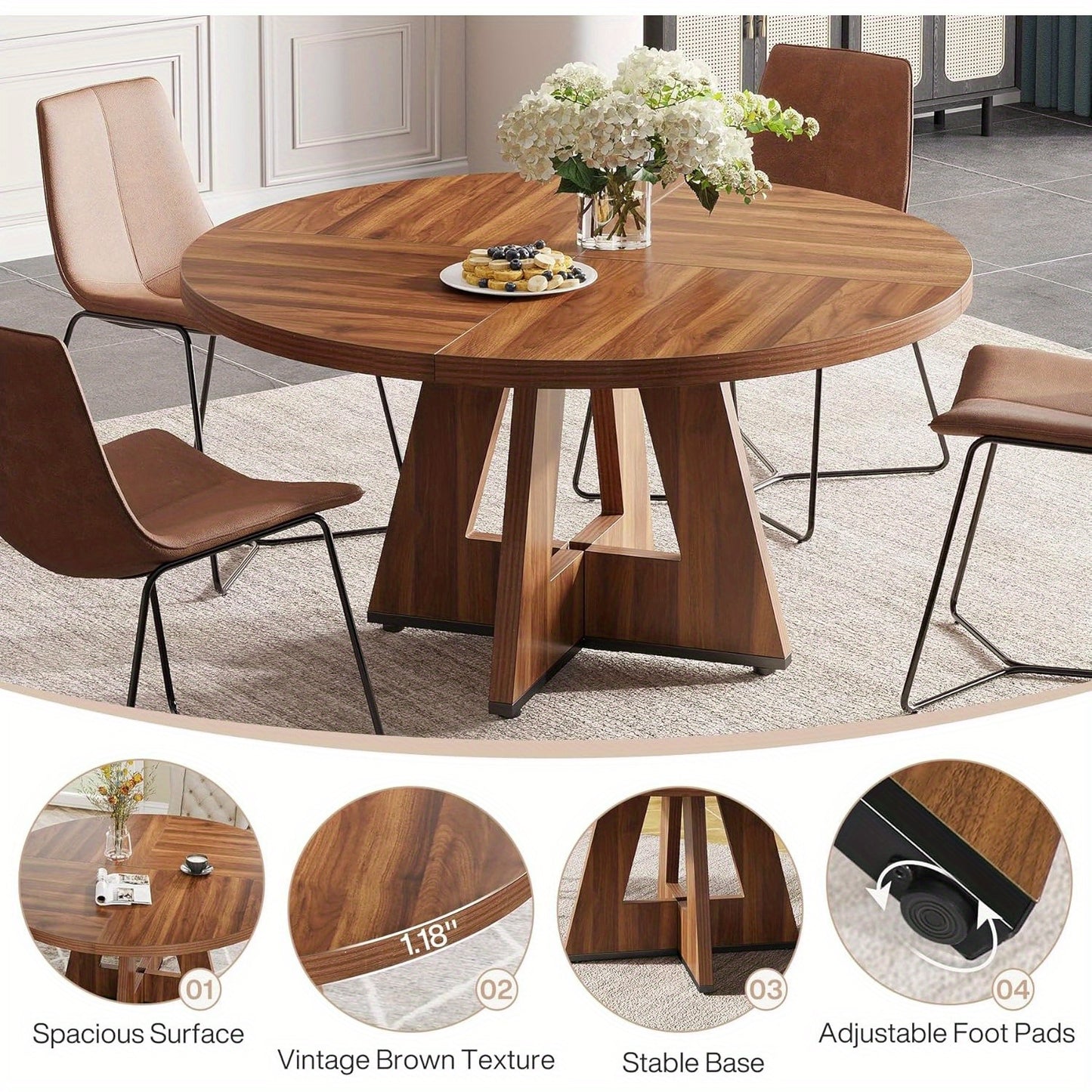 Ronde Eettafel – Ronde Tafel – Eettafel Rond – Keukentafel Rond – Eetkamertafel – Farmhouse Design – 119 cm Diameter – MDF Hout Bruin