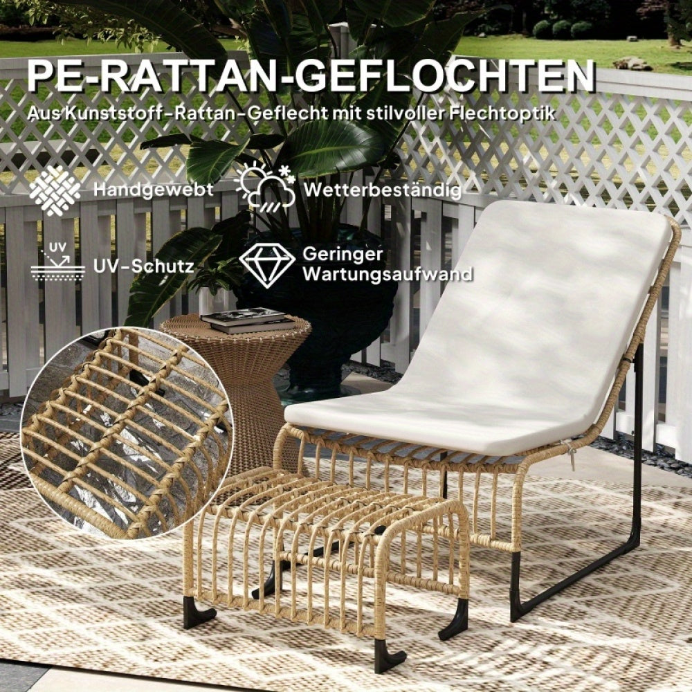 Tuinstoel – Rattan Stoel – Relaxstoel – Balkonstoel – Tuinfauteuil – UV-bestendig – Inclusief Verstelbaar Kussen en Voetenbank